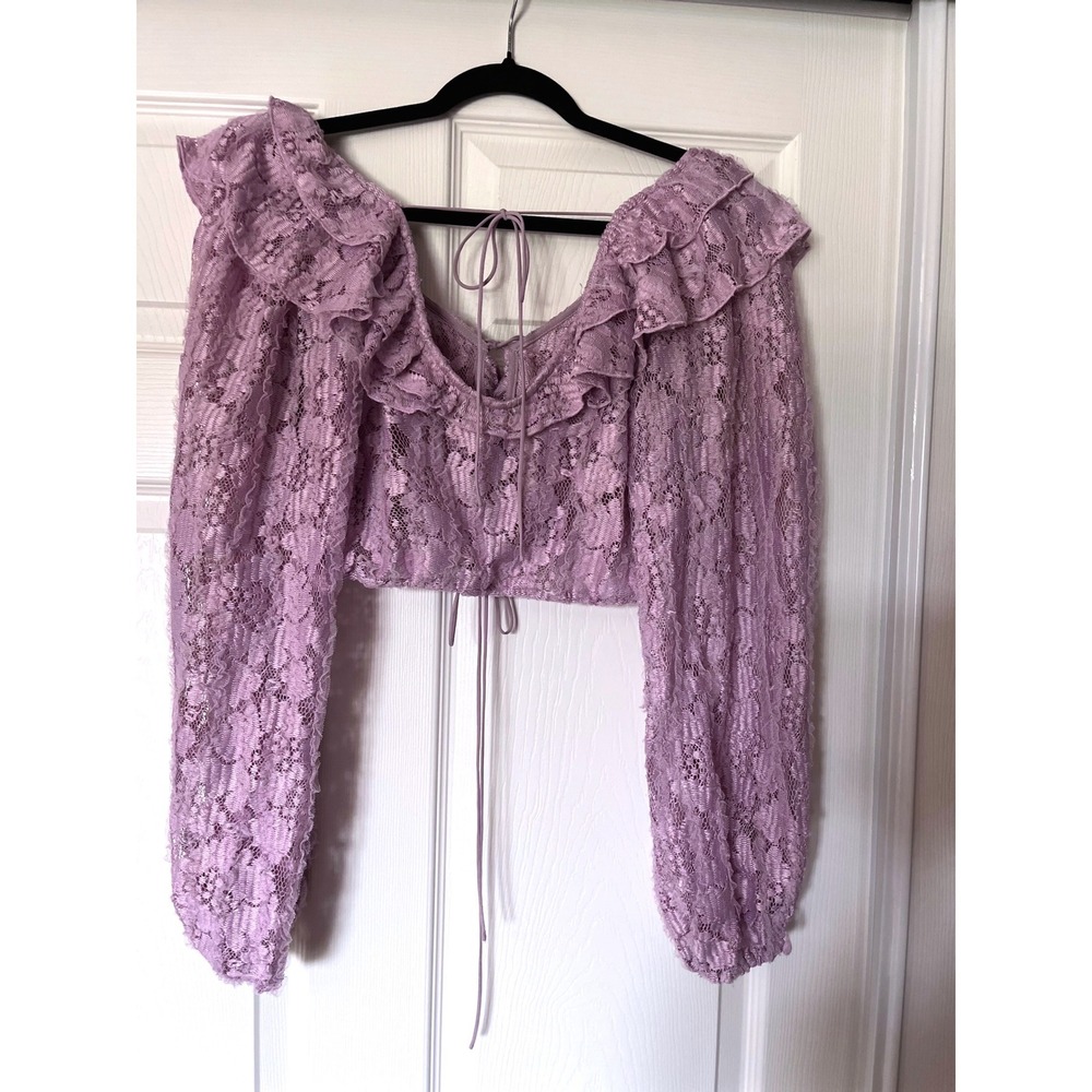 For Love & Lemons Lavender Floral Lace Ruffle Tie Front Crop Top Purple Medium - Picture 4 of 8
